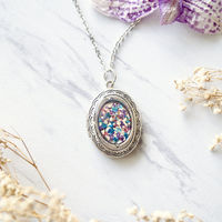 Real Dried Flowers in Resin and Silver Locket Necklace in Pink, Blue, Purple - Thumbnail 1