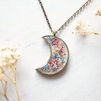 Real Dried Flowers and Resin Moon Necklace in Party Mix - Thumbnail 3