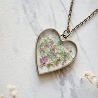 Real Dried Flowers in Resin Heart Necklace in Green Mint Pink Purple - Thumbnail 3