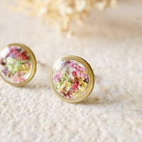 Real Dried Flowers and Resin Circle Stud Earrings in Purple Yellow Pink Red Green Mix - Thumbnail 4