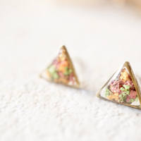 Real Dried Flowers and Resin Triangle Stud Earrings in Pink, Orange, Green - Thumbnail 4