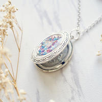 Real Dried Flowers in Resin and Silver Locket Necklace in Pink, Blue, Purple - Thumbnail 2