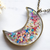 Real Dried Flowers and Resin Moon Necklace in Party Mix - Thumbnail 4