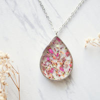 Real Dried Flowers and Resin Necklace Silver Teardrop in Pinks, Orange, Green, Pink Foil - Thumbnail 3