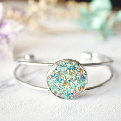 Real dried flowers and resin bracelet in mint blue yellow pink mix