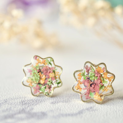 Real dried flowers and resin flower stud earrings in pink green orange mix