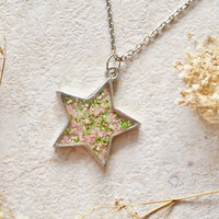 Real Pressed Flower and Resin Star Necklace in Pink Green - Thumbnail 3