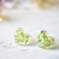 Real Dried Flowers and Resin Heart Stud Earrings in Greens - Thumbnail 1