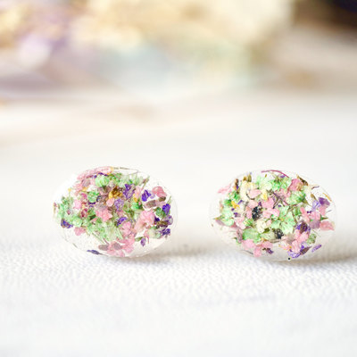 Real dried flowers and resin oval stud earrings in purple pink green