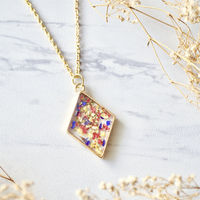 Real Pressed Flower and Resin Necklace Gold Diamond in Yellow, Red, Purple, Gold Foil - Thumbnail 3