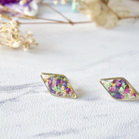 Real Dried Flowers and Resin Diamond Stud Earrings in Purple Pink Green Yellow Mix - Thumbnail 1