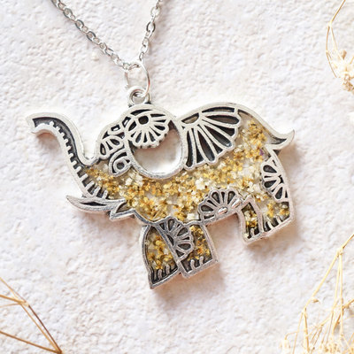 Real dried flowers in resin silver tribal elephant necklace in yellow white mix