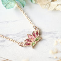 Real Pressed Flowers and Resin Necklace Rose Gold Lotus Flower in Pink and Green - Thumbnail 4