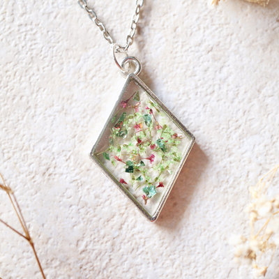 Real pressed flower and resin necklace silver diamond in green, pink, and green foil