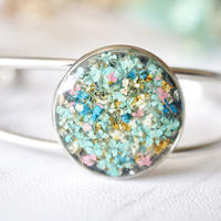 Real Dried Flowers and Resin Bracelet in Mint Blue Yellow Pink Mix - Thumbnail 3