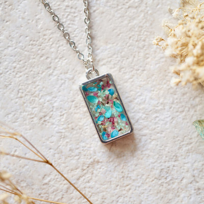 Real dried flowers in resin necklace in blue mint pink