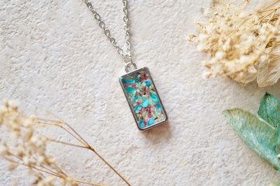 Real Dried Flowers in Resin Necklace in Blue Mint Pink