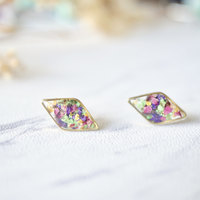 Real Dried Flowers and Resin Diamond Stud Earrings in Purple Pink Green Yellow Mix - Thumbnail 3