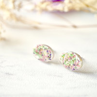Real Dried Flowers and Resin Oval Stud Earrings in Purple Pink Green - Thumbnail 3