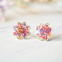 Real Dried Flowers and Resin Flower Stud Earrings in Red Purple Orange Mix - Thumbnail 3