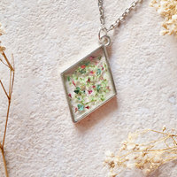 Real Pressed Flower and Resin Necklace Silver Diamond in Green, Pink, and Green Foil - Thumbnail 1