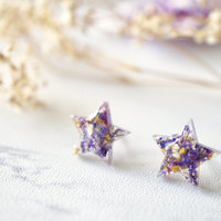 Real Dried Flowers and Resin Star Stud Earrings in Purple Pink Yellow - Thumbnail 3