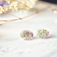 Real Dried Flowers and Resin Oval Stud Earrings in Purple Pink Green - Thumbnail 4