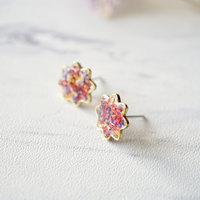 Real Dried Flowers and Resin Flower Stud Earrings in Red Purple Orange Mix - Thumbnail 4