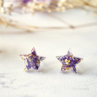 Real Dried Flowers and Resin Star Stud Earrings in Purple Pink Yellow - Thumbnail 4