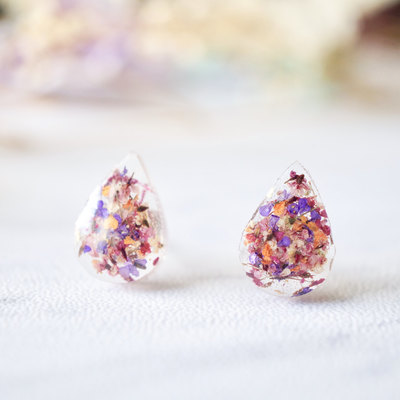 Real dried flowers and resin teardrop stud earrings in pink purple orange