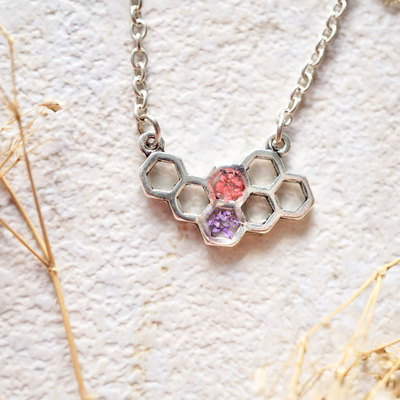 Real dried flowers in honeycomb resin necklace in pink and purple