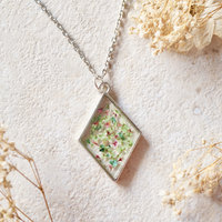 Real Pressed Flower and Resin Necklace Silver Diamond in Green, Pink, and Green Foil - Thumbnail 3