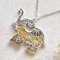 Real Dried Flowers in Resin Silver Tribal Elephant Necklace in Yellow White Mix - Thumbnail 4
