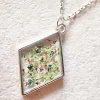 Real Pressed Flower and Resin Necklace Silver Diamond in Green, Pink, and Green Foil - Thumbnail 4