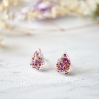 Real Dried Flowers and Resin Teardrop Stud Earrings in Pink Purple Orange - Thumbnail 1