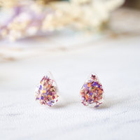 Real Dried Flowers and Resin Teardrop Stud Earrings in Pink Purple Orange - Thumbnail 2
