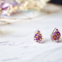 Real Dried Flowers and Resin Teardrop Stud Earrings in Pink Purple Orange - Thumbnail 3