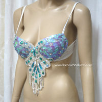 Iridescent Turquoise Scale Mermaid Plunge Dance Costume Rave Bra Mermaid Halloween Burlesque Show Girl - Thumbnail 2