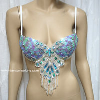 Iridescent Turquoise Scale Mermaid Plunge Dance Costume Rave Bra Mermaid Halloween Burlesque Show Girl - Thumbnail 3