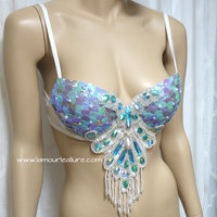 Iridescent Turquoise Scale Mermaid Plunge Dance Costume Rave Bra Mermaid Halloween Burlesque Show Girl - Thumbnail 4