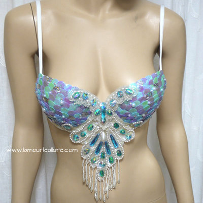 Iridescent turquoise scale mermaid plunge dance costume rave bra mermaid halloween burlesque show girl - Thumbnail 4