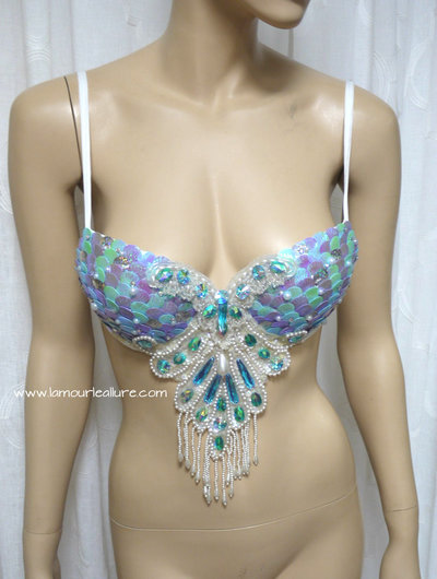 Iridescent Turquoise Scale Mermaid Plunge Dance Costume Rave Bra Mermaid Halloween Burlesque Show Girl