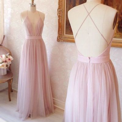 Simple A-line prom dress,V-neck Long Pink Prom Dress, backless Prom Dress,2017 prom dress
