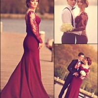 Mermaid party dress with See Through,Long Sleeves Sweetheart prom dress,Lace Appliques Floor Length Low Back Dresses,bridesmaid dresses - Thumbnail 2