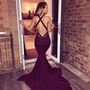 Sexy Burgundy Wine Red Mermaid Prom Dress Evening Dress Trumpet Deep V-neck Crisscross Back Long Prom Dresses Evening Dresses Party Dress-1
