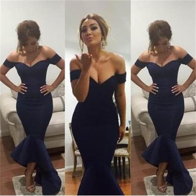 Elegant off shoulder dark navy prom dress hi-lo satin prom dresses party dress