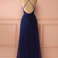 Simple dark blue long prom dress,blue evening dresses - Thumbnail 1