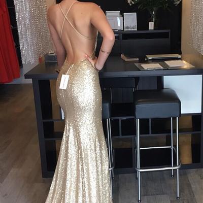 Sequin evening prom dress, mermaid gold party prom dress, backless long prom dress, 2017 prom dress