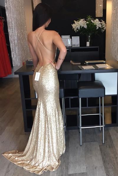 Sequin Evening Prom dress, Mermaid Gold Party prom dress, Backless Long prom dress, 2017 prom dress