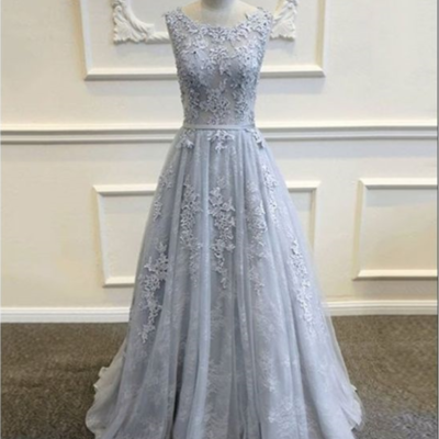 Sexy backless lace prom dresses, long grey tulle party prom dress, 2017 long prom dress, cheap bridesmaid dress